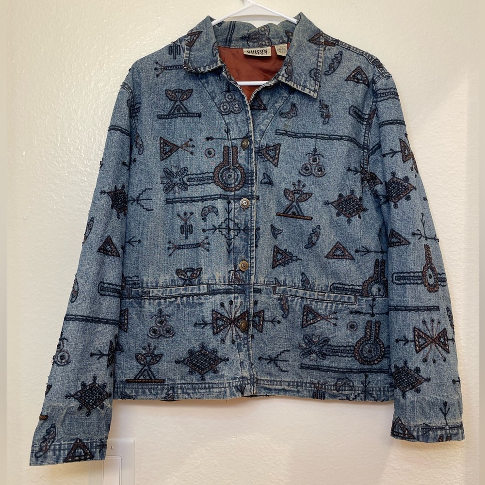 Vintage Chico’s Design 90s Boho Embroidered & Beaded Blue Denim Jacket Size M